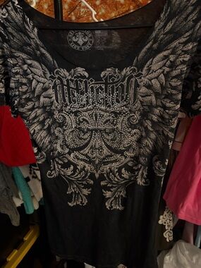 Affliction Black Short Sleeve Tee with Silver Wing Graphic